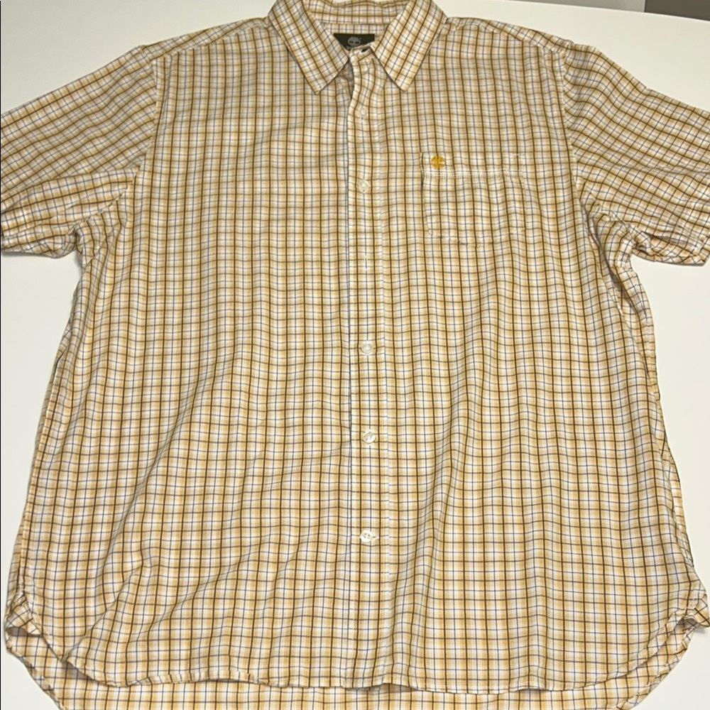 Mens Timberland yellow Plaid short sleeve button down Shirt front pocket logo L